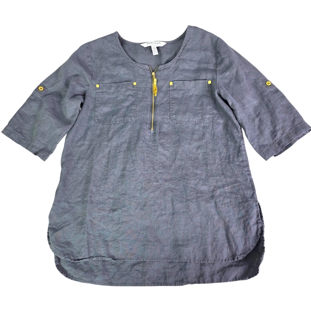 Ellen Tracy Linen Gray Elegant Elevated Fashion Half-Sleeve Top Women's Size M